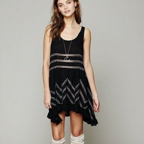 Intimately Free People Voile Trapeze Slip Dress Polka-Dot Lace Chevron sz XS